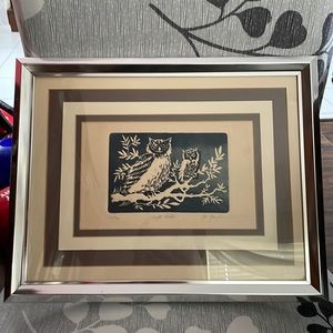 Night Owl print numbered and signed by artist. Blue and tan coloring.